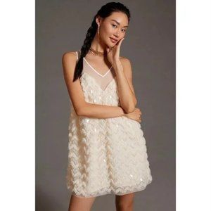 Anthropologie Maeve Textured Sequin Ivory White Tulle Fringe Mini Dress
